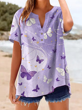 Frauen lila Schmetterlings muster Leinen hemd